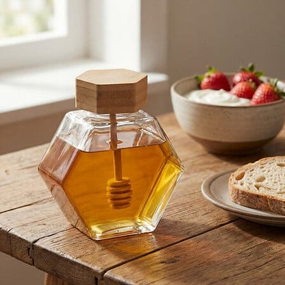 Alpha55 Pot à miel Hex en verre – design pratique