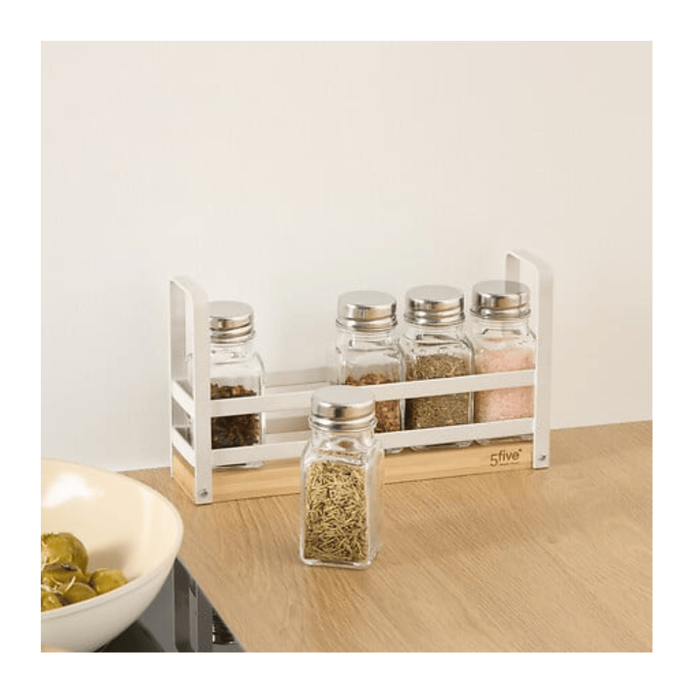 alpha55 Rack à Épices Balm avec 5 Pots en Verre et métal Blanc