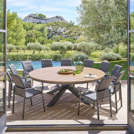 Alpha55 Table ronde en aluminium effet bois Oraclion Ø 220 cm – graphite noix