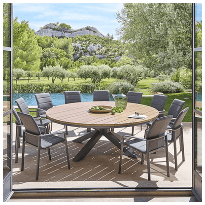 Alpha55 Table ronde Oraclion 12 places en aluminium effet bois noix graphite