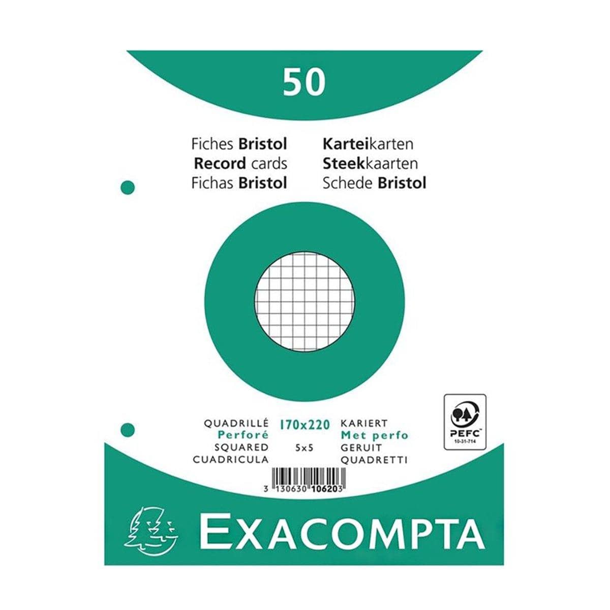 EXACOMPTA Exacompta, 50 fiches bristol perforées 17x22 cm blanc