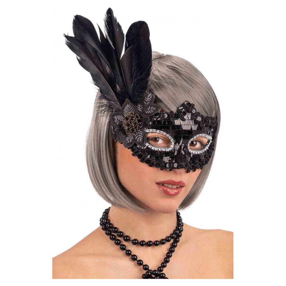 MASQUE Loup Vénitien Noir Plumes & Sequins – Déguisement