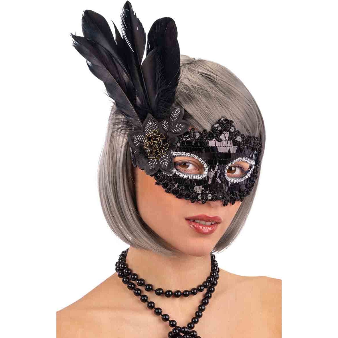 MASQUE Masque Venise avec sequins et plumes en noir